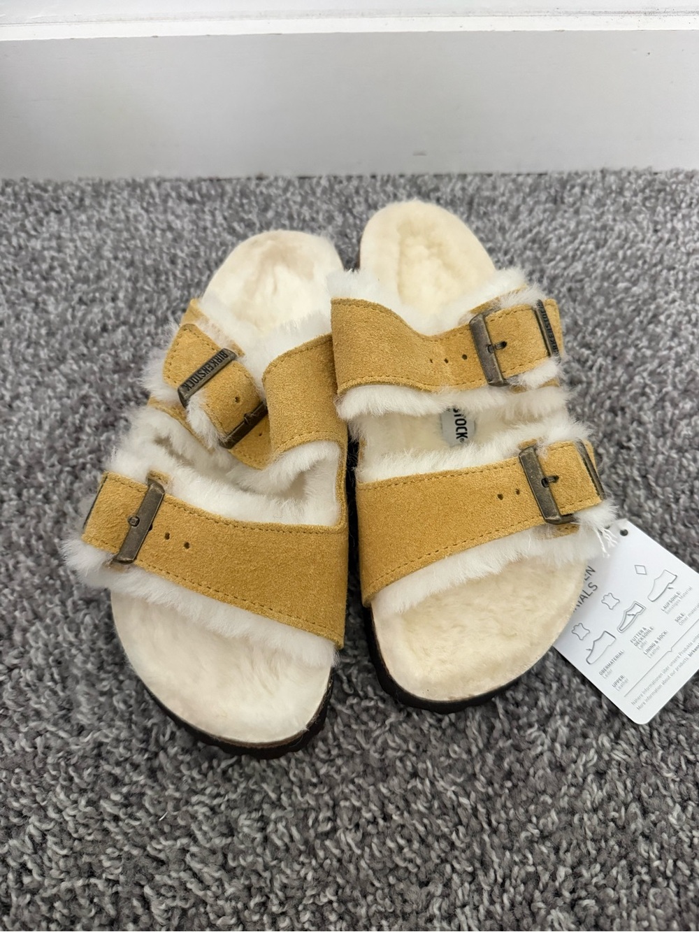NWT-Birkenstock Mustard Yellow Suede Arizona Fur Slide Sandals